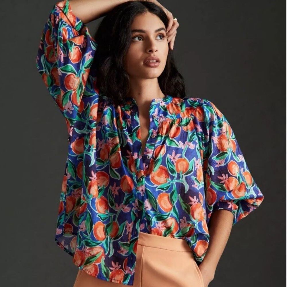 Anthropologie Pooley Print Orange Peach Bloom Blue Print Ballon Sleeve Blouse S